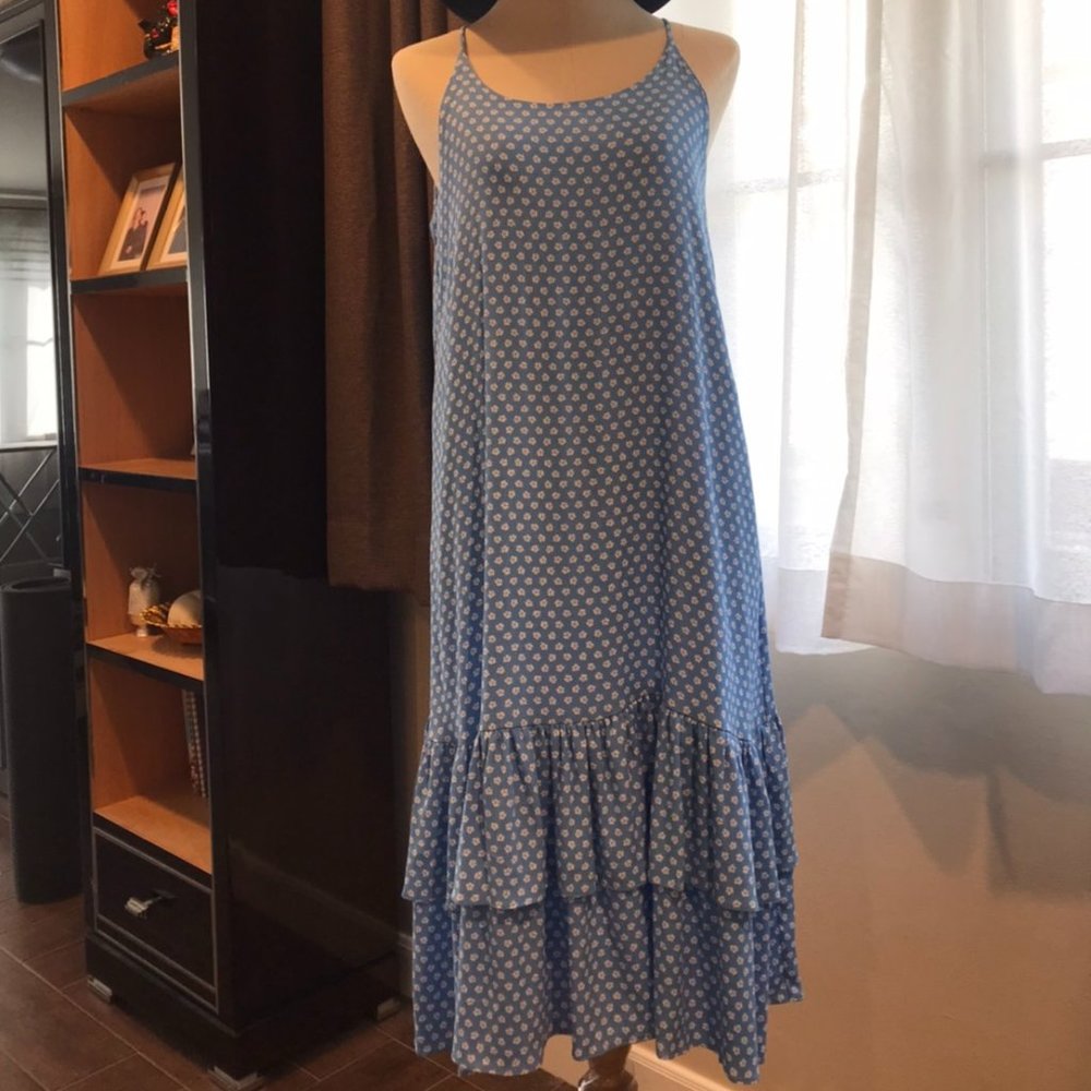 (AA7) - NEW White-Flowered Blue Spaghetti Strap Dress